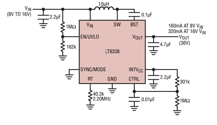 Schéma du circuit d'application - Analog Devices Inc. Convertisseurs Boost synchrones micro-puissance LT8338